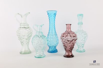 null Bubble glass set comprising two carafes, a bottle and its stopper, a parma tinted...