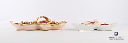 null Two tri-lobed porcelain condiment dishes, one decorated with polychrome-treated...