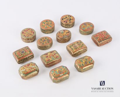 null Set of thirteen round, rectangular or oval shaped pill boxes in brass with enamel...