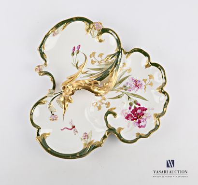 null Two tri-lobed condiment dishes in polychrome-treated porcelain with iris and...