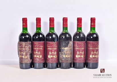 null 6 bouteilles	Château VIEUX L'ESTAGE	Bordeaux Sup.	1987

	Et.: 4 plus moins tachées...