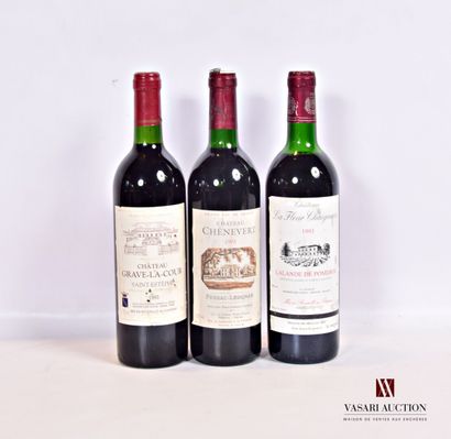 null Lot de 3 bouteilles comprenant :		

1 bouteille	Château GRAVE LA COUR	St Estèphe	1995

1...