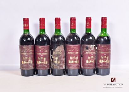 null 6 bouteilles	Château VIEUX L'ESTAGE	Bordeaux Sup.	1987

	Et.: 3 un peu tachées,...