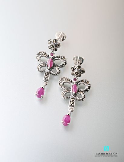 null Pair of 925 sterling silver butterfly-shaped earrings paved with marcasite and...