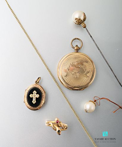 null Small lot of antique costume jewellery : medallion, snake ring, pins, chain