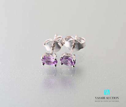 null Pair of white gold ear studs 750 thousandths set with two oval tanzanites, Belgian...