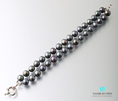 null Bracelet double rang de perles de culture grises baroques, fermoir bouée métal...