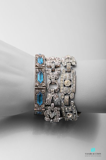 null Three fantasy bracelets in the Art Deco style with geometric patterns paved...