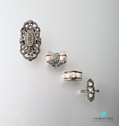 null Four 835 and 925 silver rings paved with marcasite and imitation white stones...