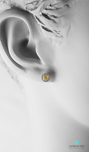 null Pair of 750 thousandths white gold ear studs set with two round-cut yellow sapphires...