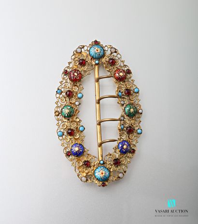 null Oval belt buckle in openwork gold-plated cut-out with Bresse enamels, blue and...