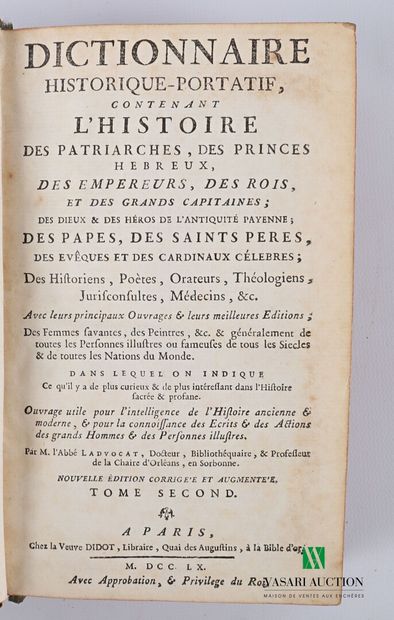 null LADVOCAT Abbé - Dictionnaire historique-portatif contenant l'histoire des patriarches,...