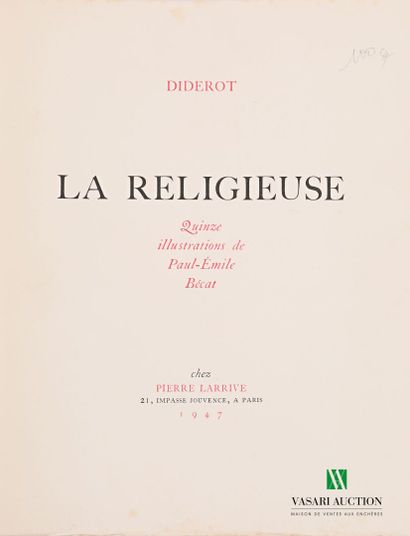 null DIDEROT - La religieuse - Paris Pierre Larrive 1947 - one volume in-8° - paperback...