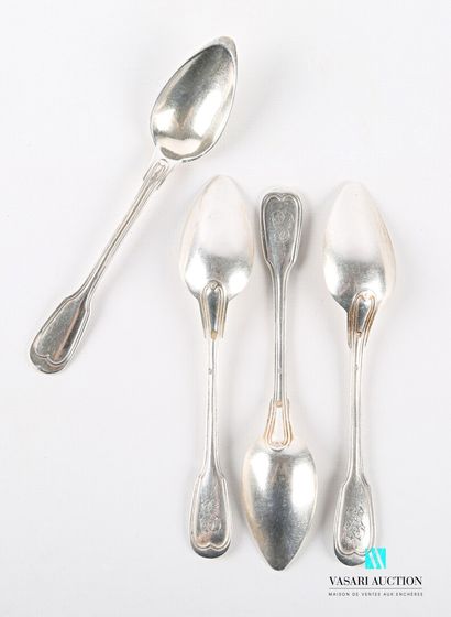 null Set of four silver teaspoons, the handle decorated with nets and finished by...