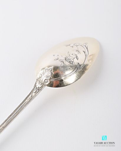 null Silver jam spoon, the handle decorated with nets, foliage, flowering brancehes...