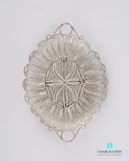 null A miniature silver filigree tray, oval in shape, standing on four feet, with...