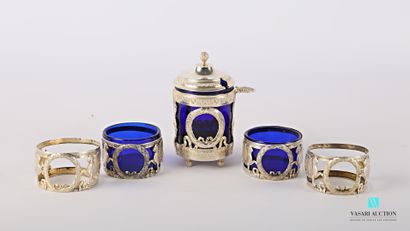 null Silver tableware including a mustard pot and four salt cellar mounts, the first...