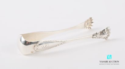 null Silver sugar tongs, the arms present a figure in piriform reserves hemmed with...
