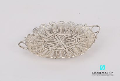 null A miniature silver filigree tray, oval in shape, standing on four feet, with...