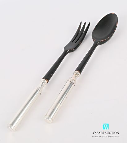 null Salad serving set, the tubular silver handles flanked by fluted rings, the fork...