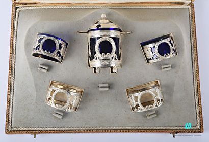 null Silver tableware including a mustard pot and four salt cellar mounts, the first...
