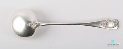 null Silver ladle, the plain handle has a medallion with a numbered border of pearls...