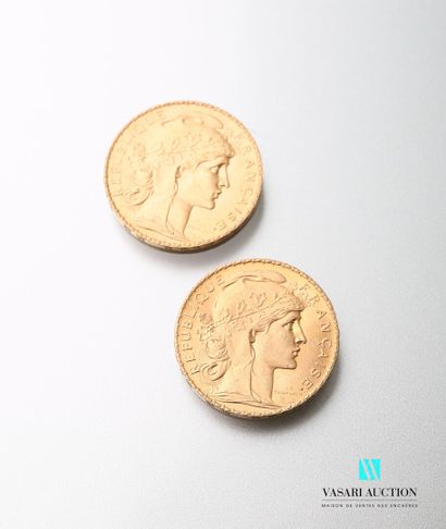 null Deux pièces en or, 20 francs, République française, Marianne 1914 - d'après...