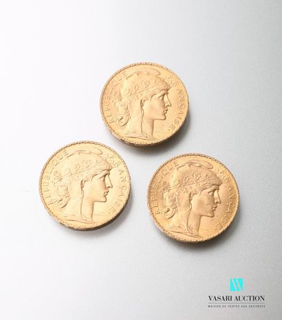 null Trois pièces en or, 20 francs, République française, Marianne 1913 - d'après...