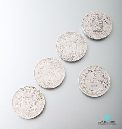 null Lot comprenant quatre pièces de 5 francs en argent figurant Leopold II pour...