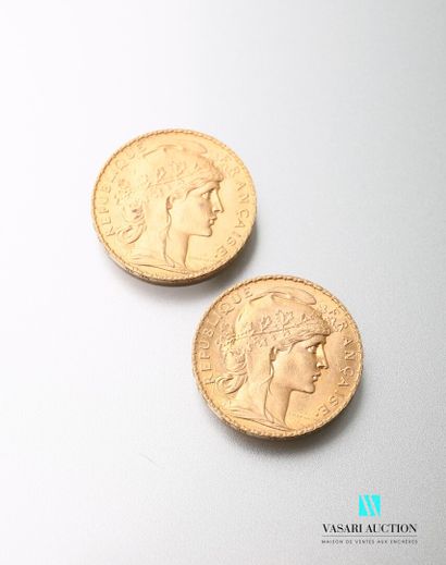 null Deux pièces en or, 20 francs, République française, Marianne 1913 - d'après...