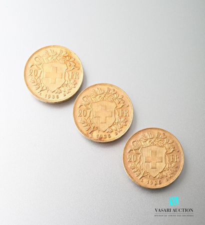 null Trois pièces en or de 20 francs Suisse, Vreneli, 1935

Poids : 19,34 g