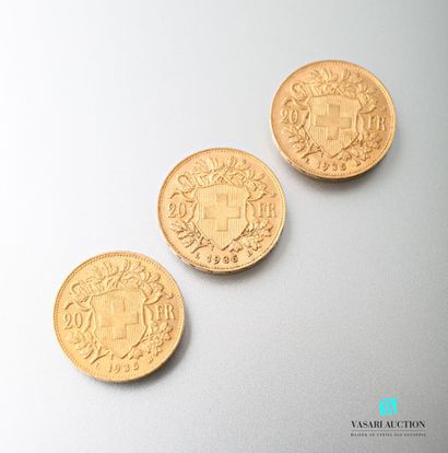 null Three 20 Swiss franc gold coins, Vreneli, 1935

weight : 19,34 g