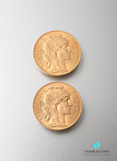 null Two 20 franc gold coins featuring Marianne and the Rooster after Jules-Clément...