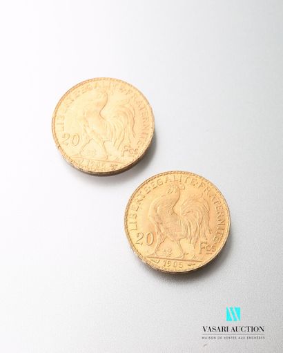 null Deux pièces en or, 20 francs, République française, Marianne 1905 - d'après...
