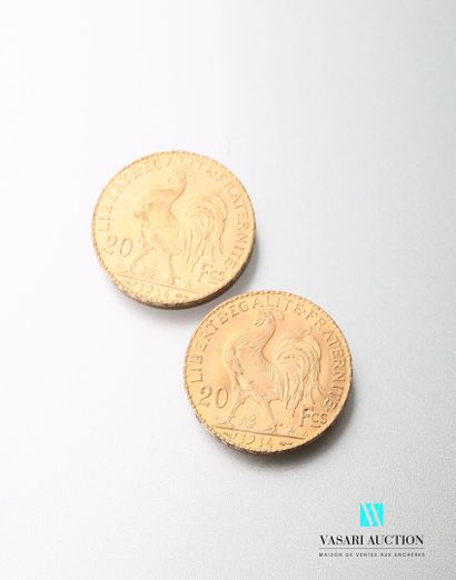 null Deux pièces en or, 20 francs, République française, Marianne 1914 - d'après...