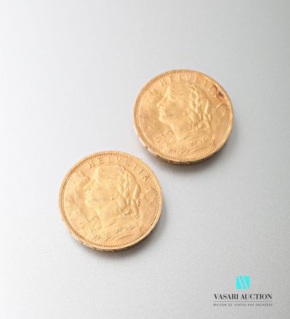 null Deux pièces en or de 20 francs Suisse, Vreneli, 1927

Poids : 12,89 g