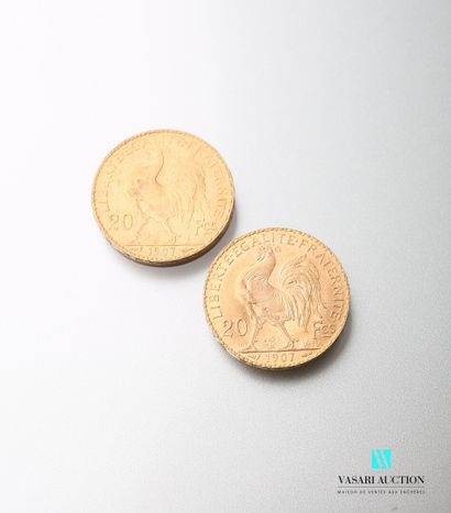 null Deux pièces en or, 20 francs, République française, Marianne 1907 - d'après...