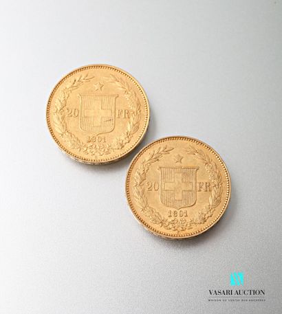 null Deux pièces en or de 20 francs Suisse, Confédération, 1891

Poids : 12,88 g