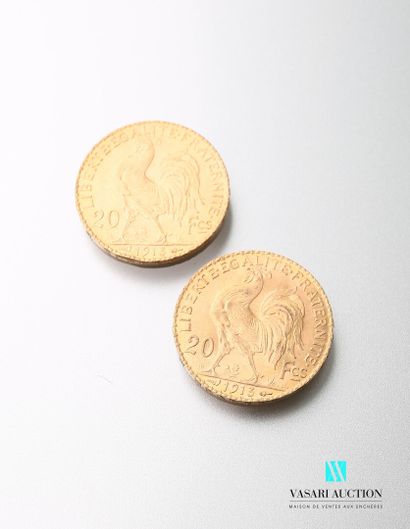 null Deux pièces en or, 20 francs, République française, Marianne 1913 - d'après...
