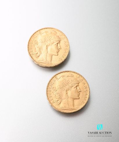 null Deux pièces en or, 20 francs, République française, Marianne 1905 - d'après...