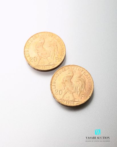 null Deux pièces en or, 20 francs, République française, Marianne 1910 - d'après...