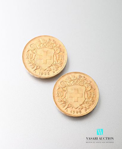 null Deux pièces en or de 20 francs Suisse, Vreneli, 1935

Poids : 12,89 g