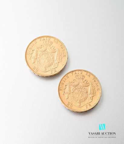 null Deux pièces en or de 20 francs Leopold II, 1878

Poids : 12,87 g