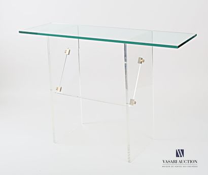 null Glass and plexiglass console, the rectangular top rests on two transparent uprights...