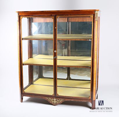 null A rosewood and rosewood veneer display case with inlaid wood and filleted frames....