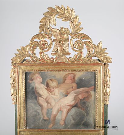 null Painted and gilded wood trumeau, the upper part of which features an oil on...