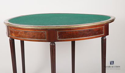 null Mahogany and mahogany veneer half-moon game table inlaid in leaf in brass fillet...