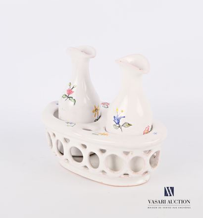 null MOUSTIERS 

Oil and vinegar cruet of baluster form and their frame openwork...