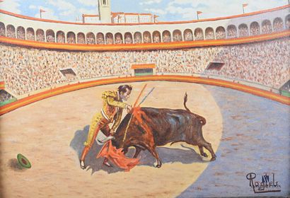 null 
ROGLES (20th century)




Killing in the bullring of Pamplona




Oil on panel...