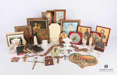 ut. : Lot of religious objects including fifteen framed religious pictures or icons...